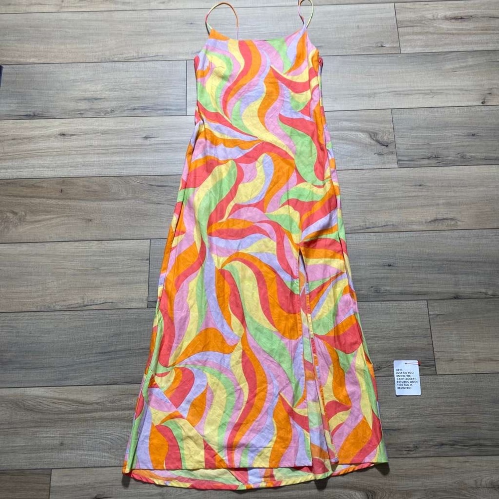 ASOS Design Womens Flax Blend Printed Thin Strap Maxi Dress Size 4 Multicolor